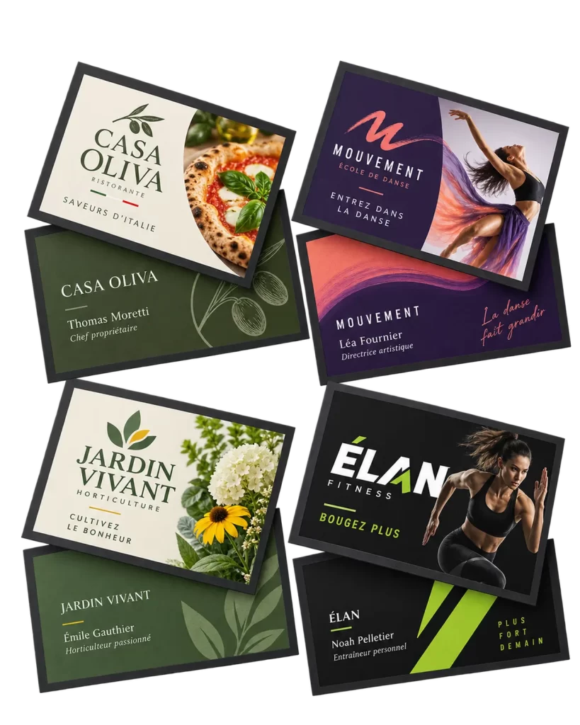 Exemples de cartes d’affaires recto verso conçues pour un restaurant, une école de danse, un horticulteur et un centre de conditionnement physique