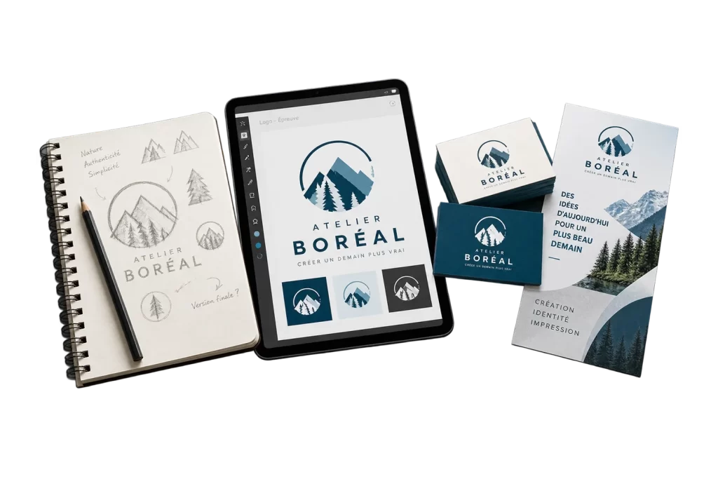 Esquisses de logo dans un carnet, logo finalisé sur tablette et cartes d’affaires