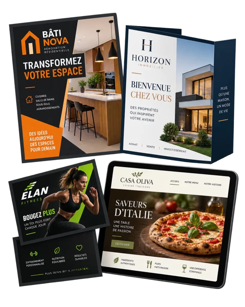 Exemples d’imprimés et de visuels conçus pour des entreprises de Sherbrooke