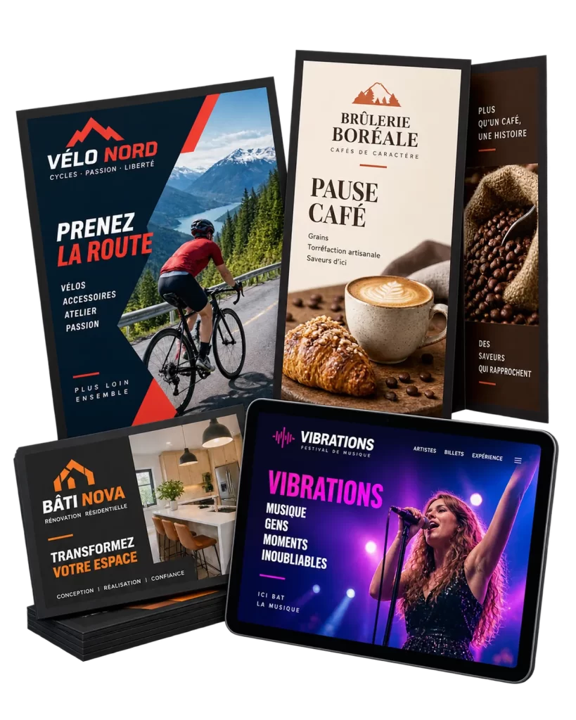 Exemples d’imprimés et de visuels conçus pour des entreprises de Trois-Rivières